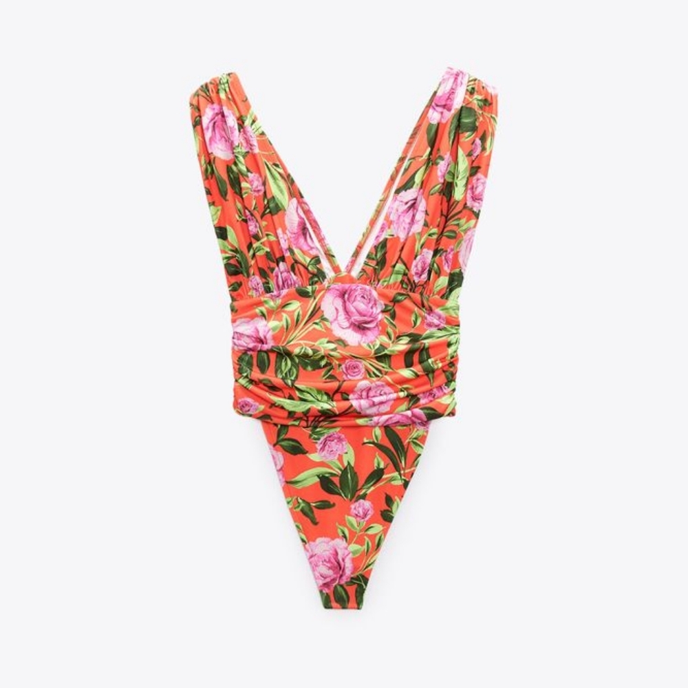 🌞Zara Drape Deep-neck Ruched Floral Bodysuit Top Floral Sleeveless NWOT - Picture 8 of 16